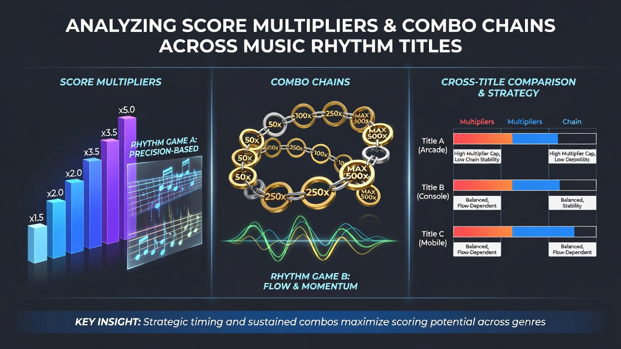 Rhythm game interface showing score multipliers and active combo chain indicators during gameplay
