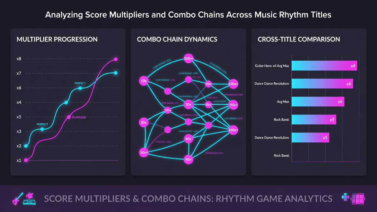 Comparison chart of multiplier progression and combo thresholds across multiple rhythm game titles