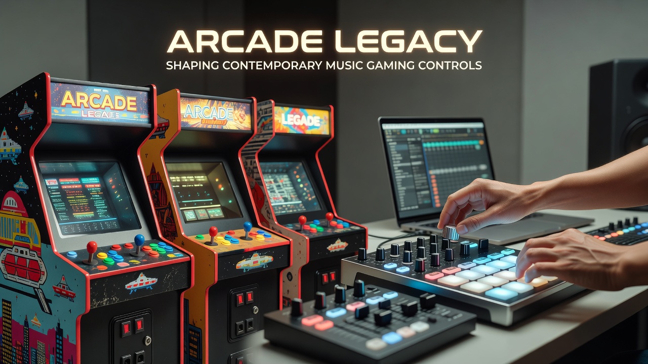 Vintage arcade cabinet with rhythm game controls next to contemporary music gaming setup