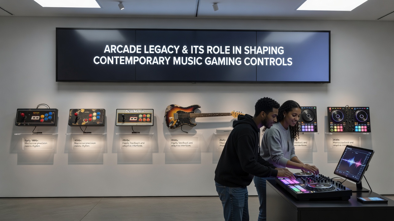 Close-up of modern rhythm game controllers derived from arcade designs including guitar and drum peripherals