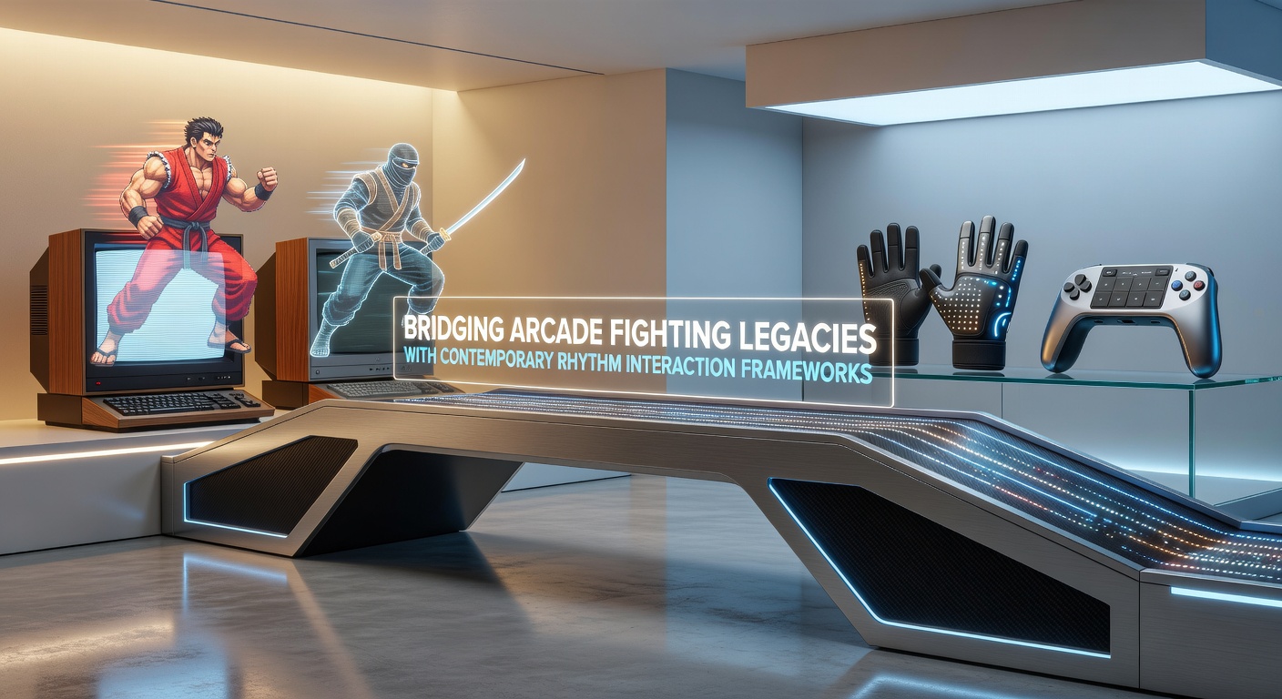Arcade cabinet interface merging fighting game controls with rhythm timing overlays on screen