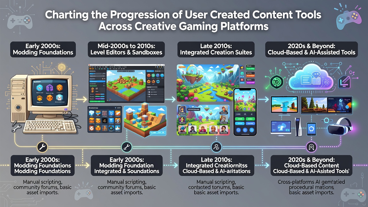 Advanced user-created content tools demonstrating scripting interfaces, asset marketplaces, and multiplayer collaboration features on contemporary gaming platforms