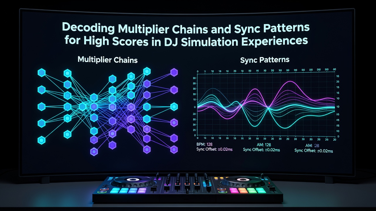 Close-up view of sync pattern indicators and chain multiplier display in a DJ rhythm simulation screen