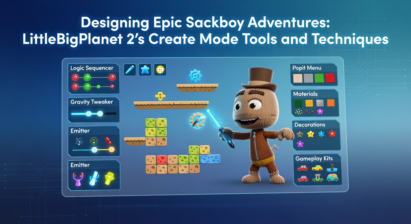 Sackboy navigating a custom-built level in LittleBigPlanet 2's Create Mode, showcasing layered platforms and dynamic hazards