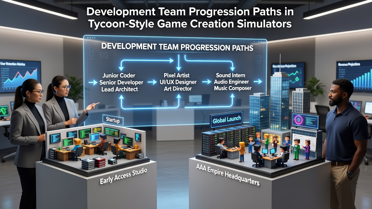 Diagram showing employee skill trees and level progression within a tycoon-style game creation simulator interface