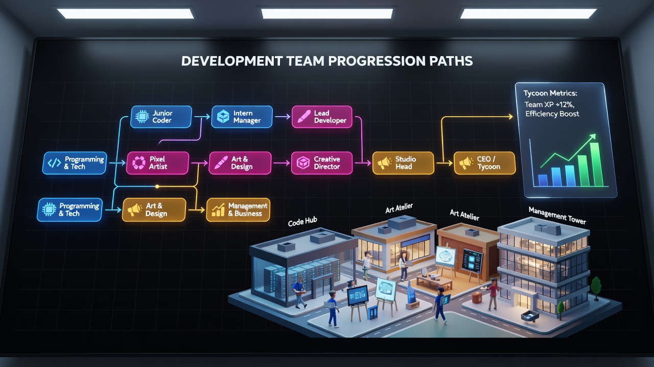 Screenshot of a team management screen displaying multiple employee profiles with progression bars and role icons in a business simulation game