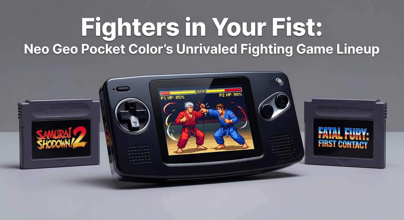 Neo Geo Pocket Color handheld displaying a vibrant fighting game matchup, showcasing pixel-perfect sprites and dynamic action