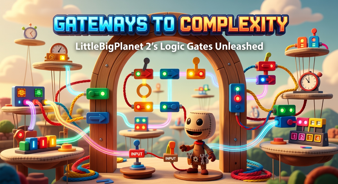 Schematic diagram showing interconnected logic gates in LittleBigPlanet 2, illustrating signal flow from inputs to outputs in a complex circuit