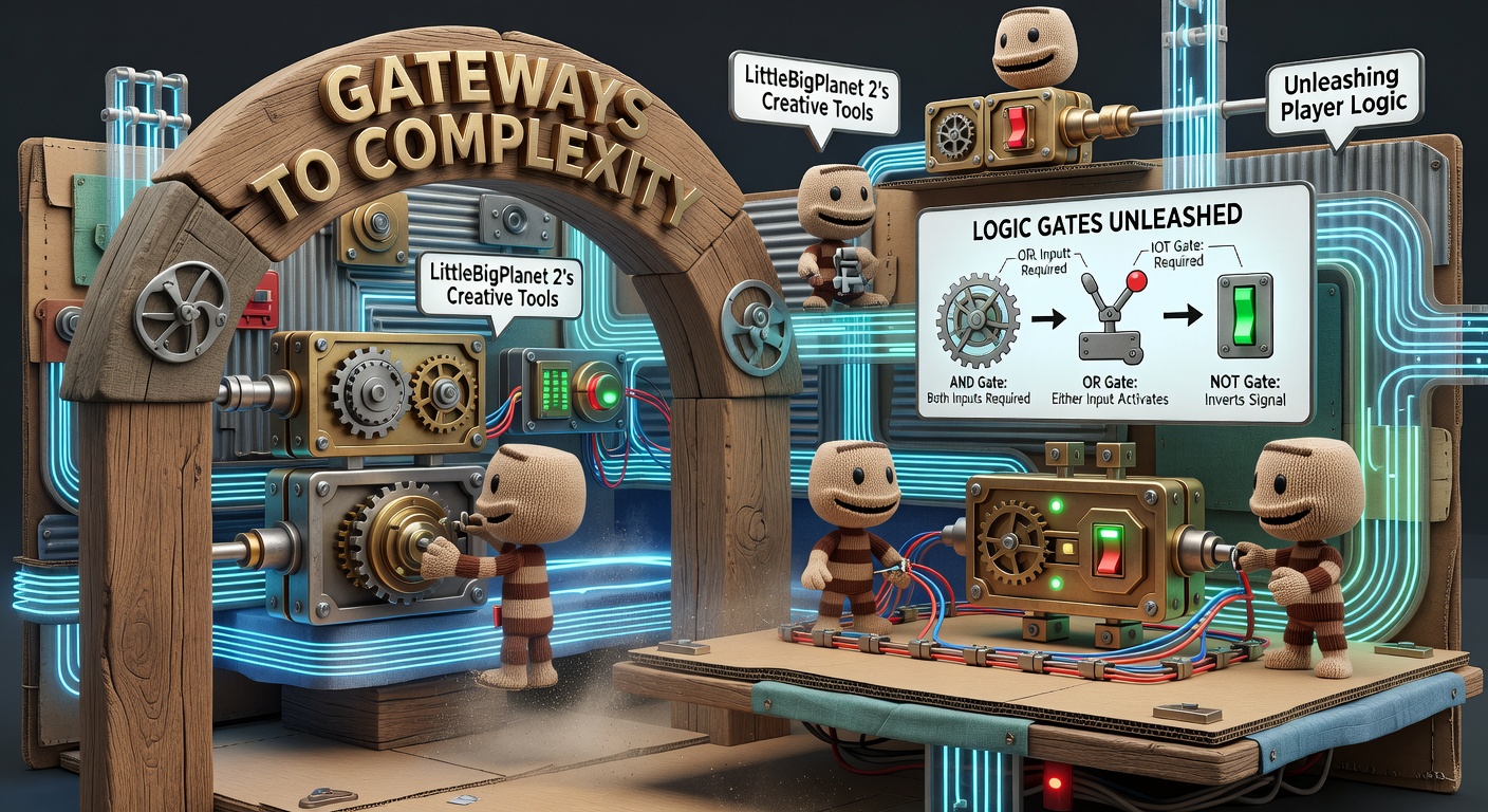 Close-up of a LittleBigPlanet 2 level editor screen displaying a logic circuit with wires connecting multiple gates, switches, and outputs for a Rube Goldberg-style machine
