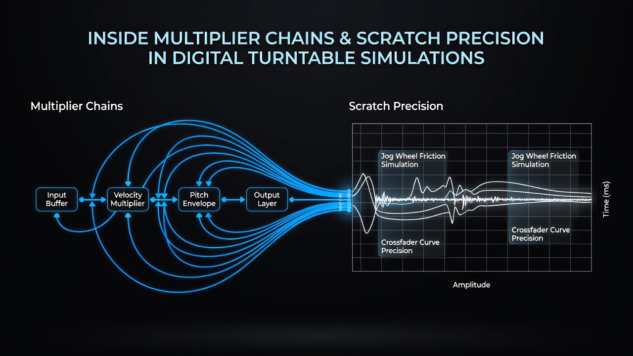 Close-up view of scratch precision analysis in a digital turntable simulator with waveform overlays