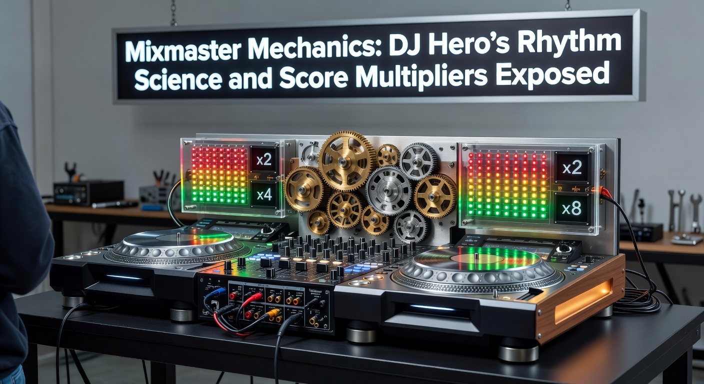 DJ Hero turntable controller in action during a high-stakes mix session, highlighting the glowing note highways and scoring overlays