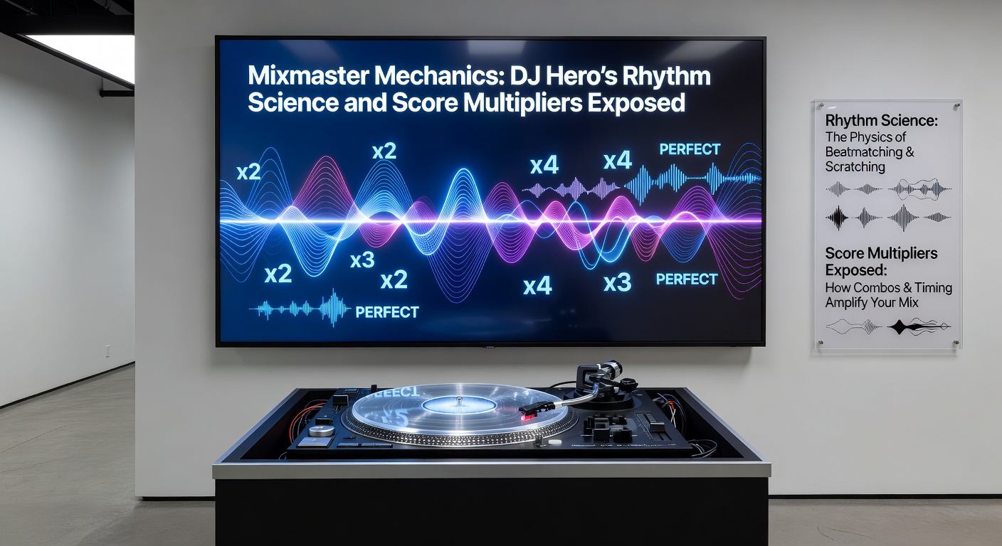Close-up of DJ Hero score multiplier display exploding with x20 chain during a intense scratch sequence on a neon-lit track
