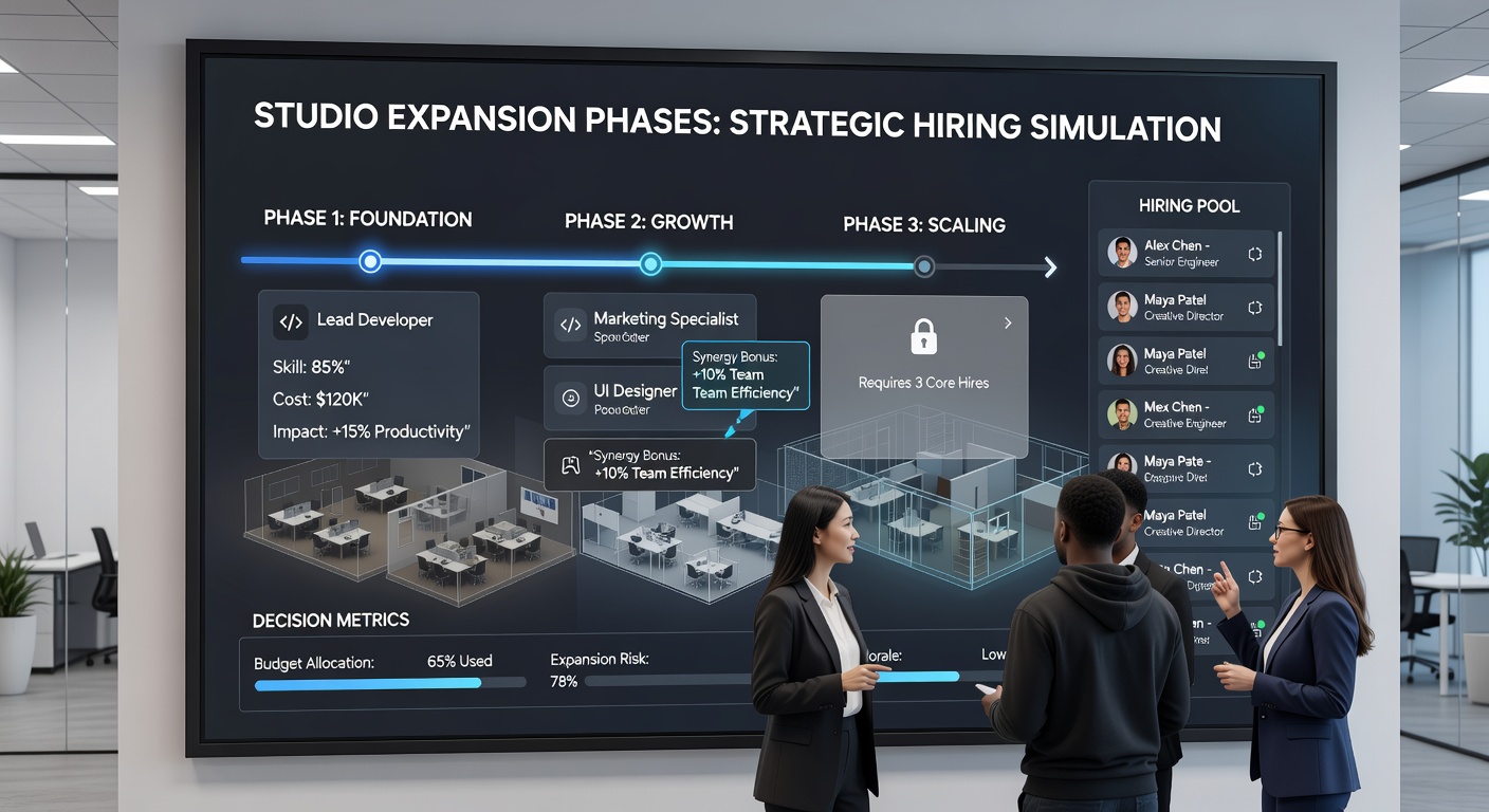 Mid-stage studio floor plan in a management simulation with specialized teams collaborating on multiple projects