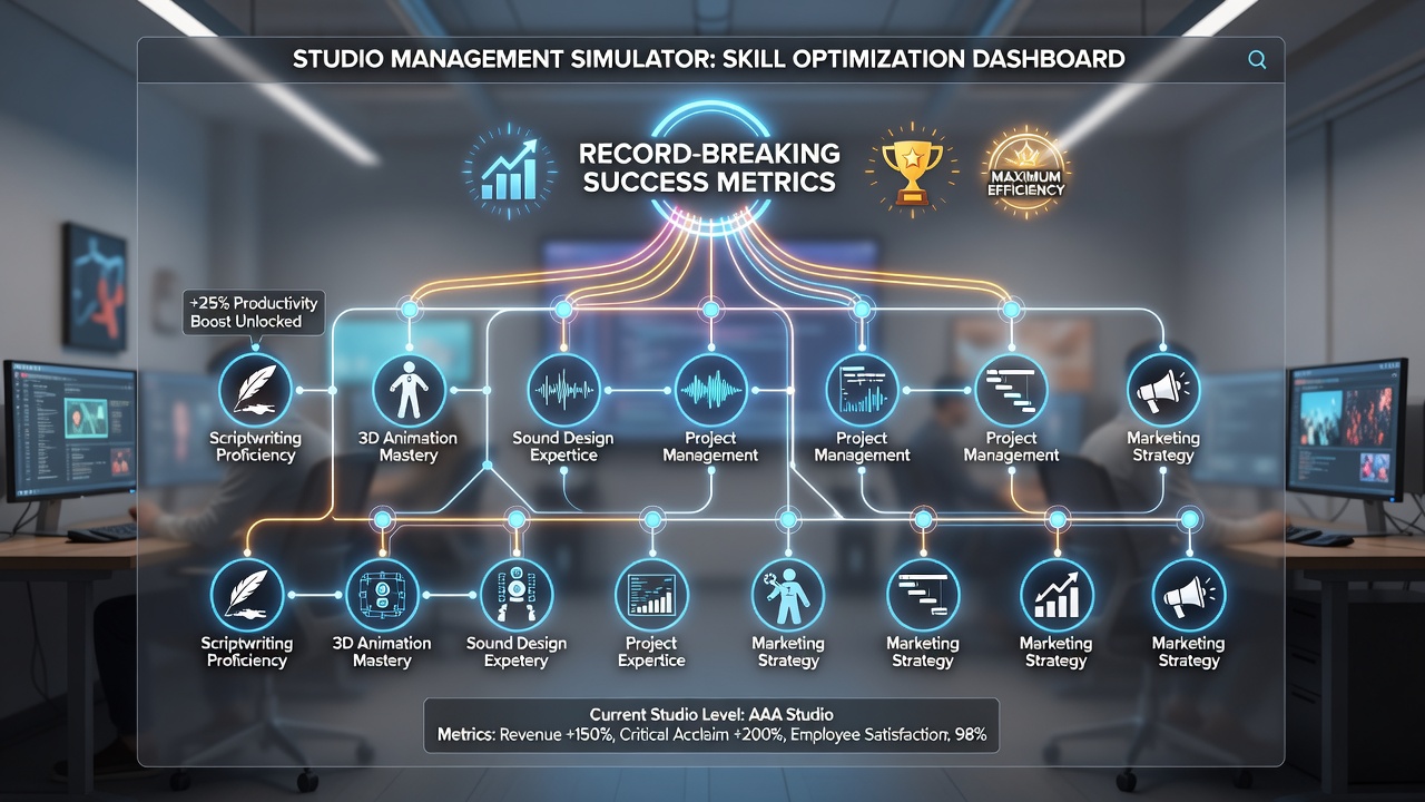 Studio management simulator interface showing employee skill tree progression paths with highlighted development nodes and performance metrics