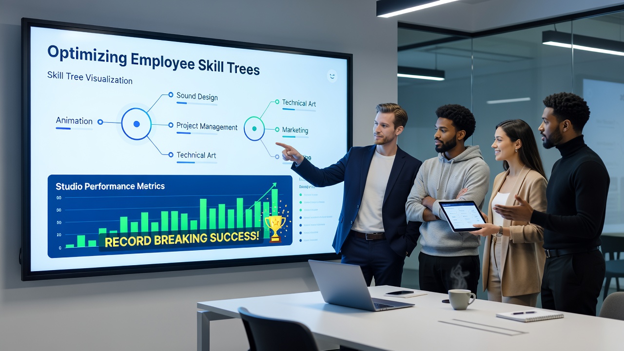 Detailed view of optimized employee skill tree configurations with connected nodes leading to record-breaking studio success metrics display