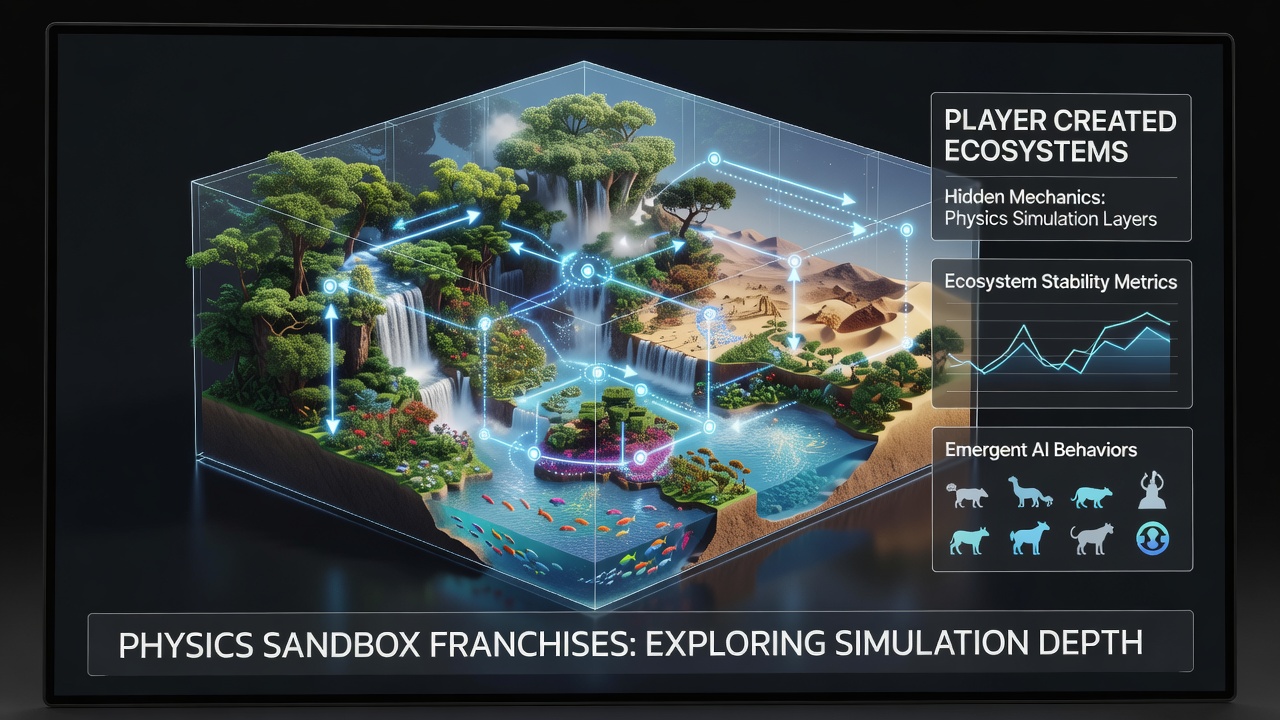 Network of interconnected player-built machines demonstrating hidden physics interactions and resource cycling in a sandbox setting