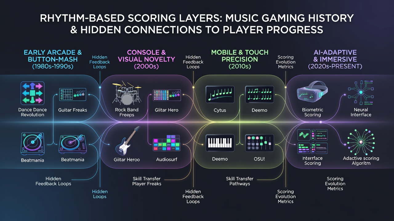 Modern rhythm game dashboard displaying layered multipliers alongside progression meters and unlock trees