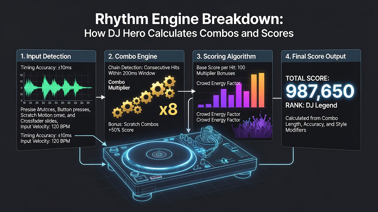 Close-up of DJ Hero controller with crossfader and button layout during combo scoring sequence