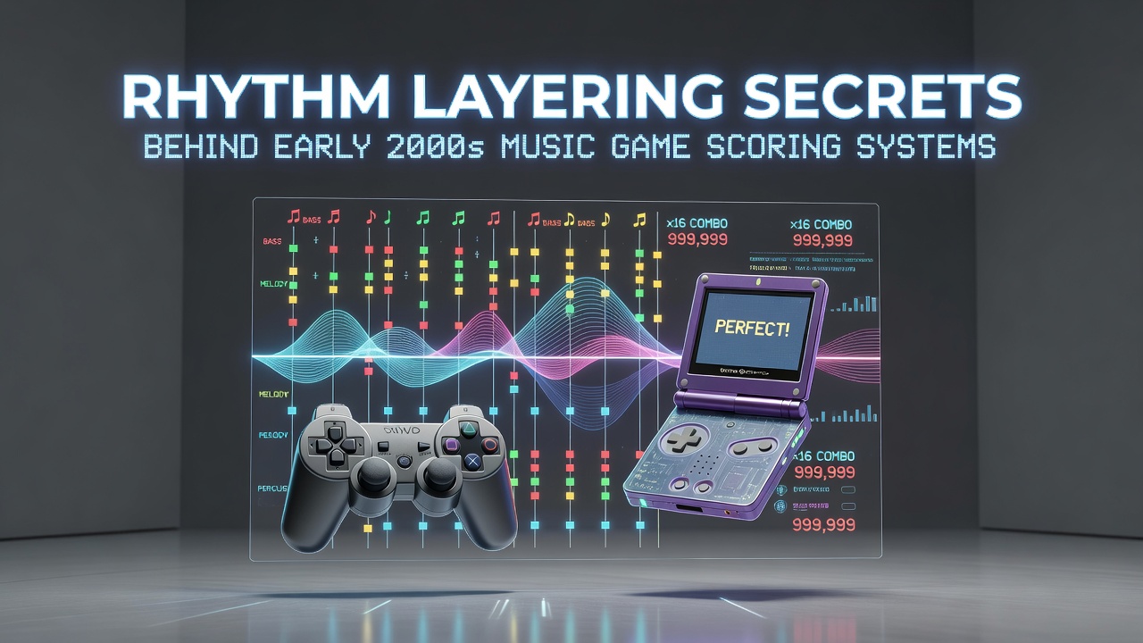 Diagram showing multiple rhythm tracks stacked in an early 2000s music game engine with timing windows and multiplier indicators