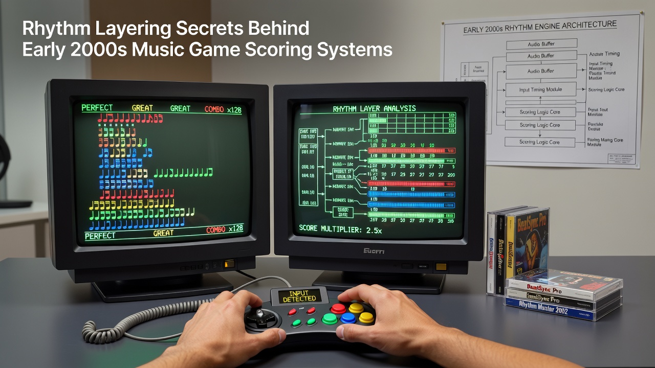 Close-up of a rhythm game interface displaying active layers, combo counters, and score breakdown from an early 2000s title