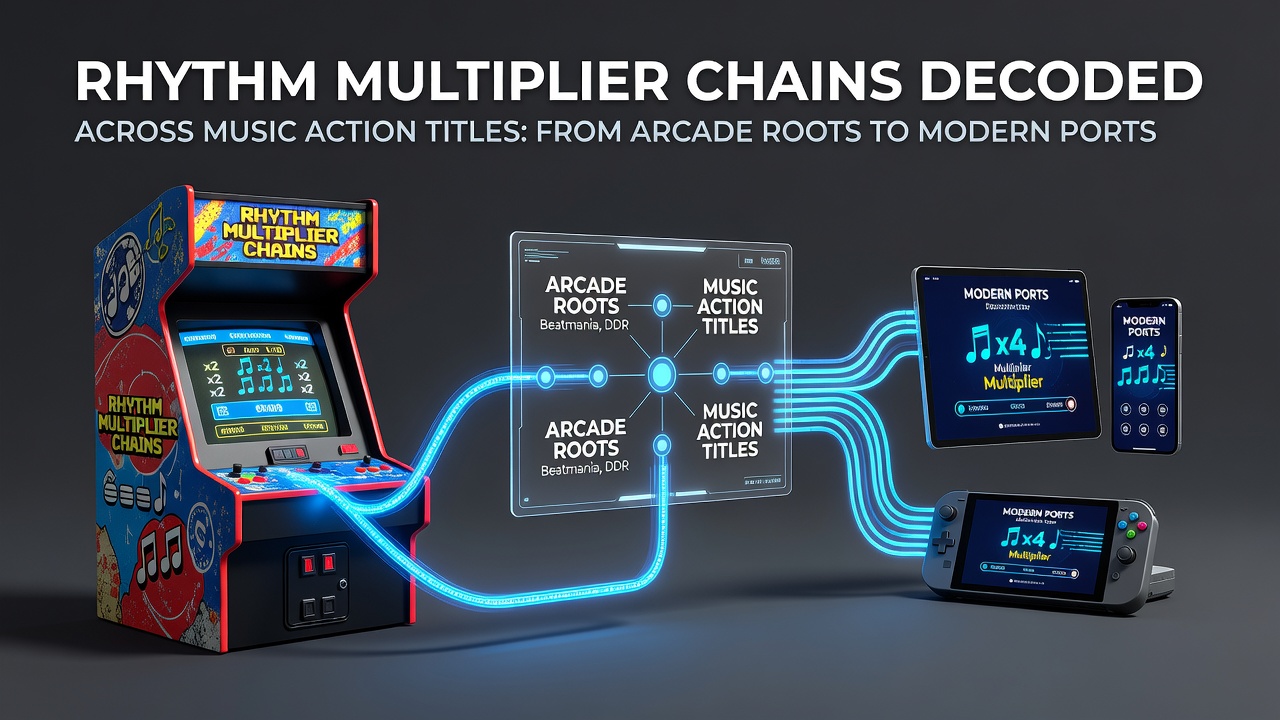 Arcade rhythm game cabinet showing multiplier chain display during gameplay