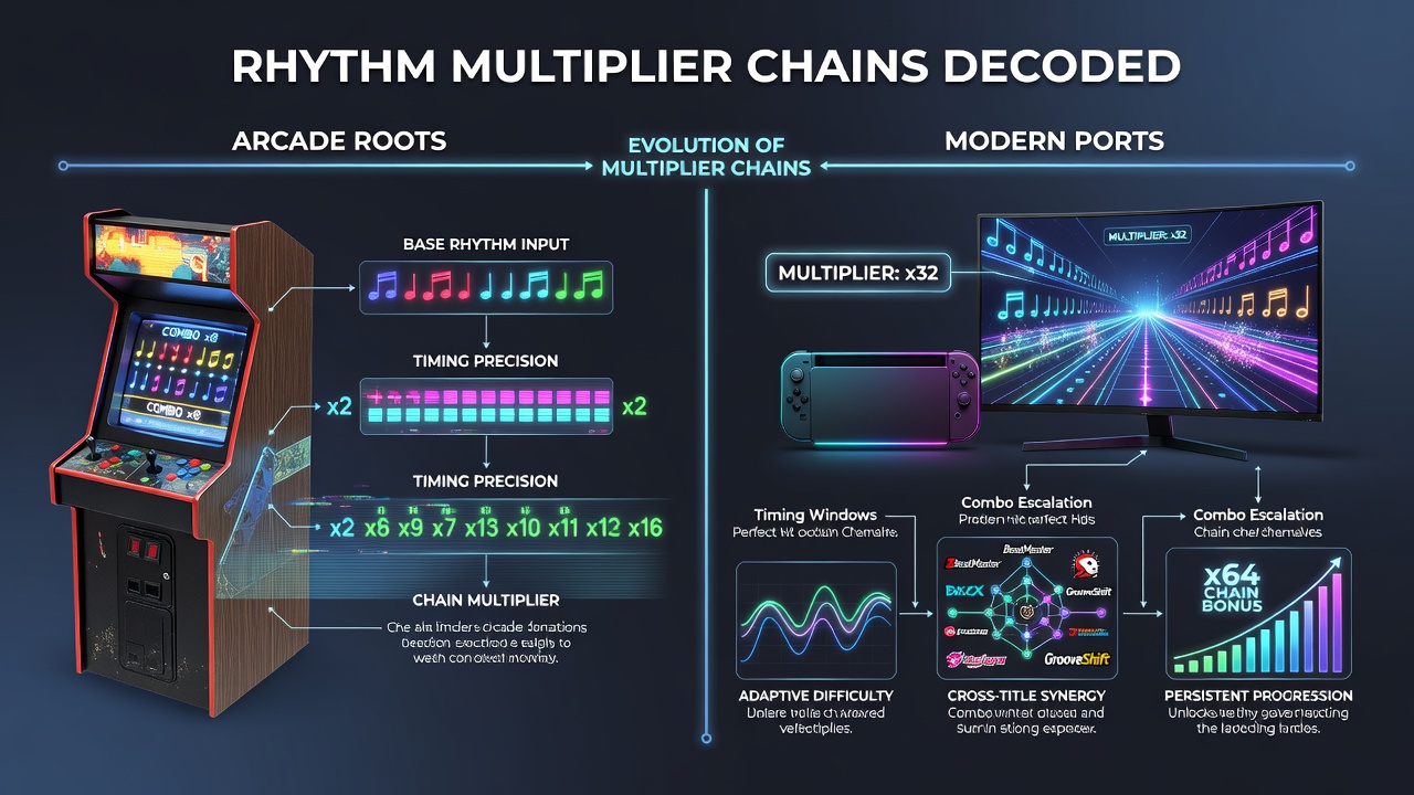 Modern rhythm game port on console showing detailed multiplier chain interface and scoring breakdown
