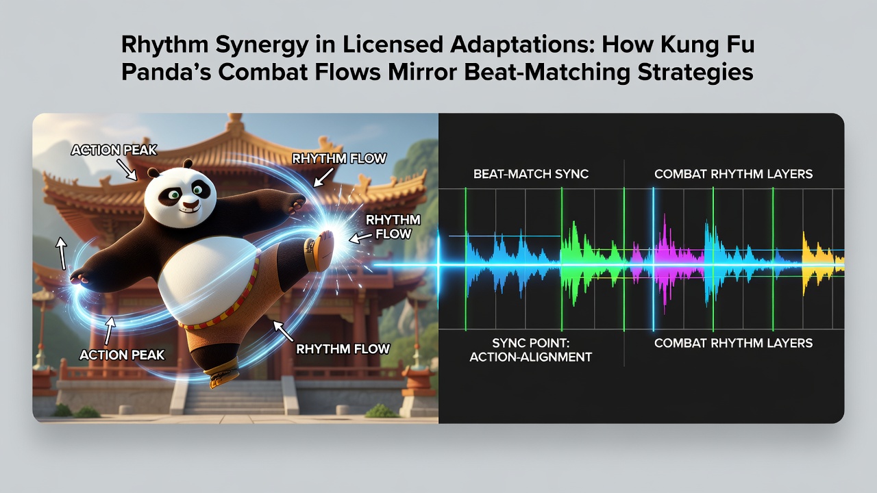 DJ Hero style mixing interface overlaid with Kung Fu Panda combat timing indicators in a crossover concept