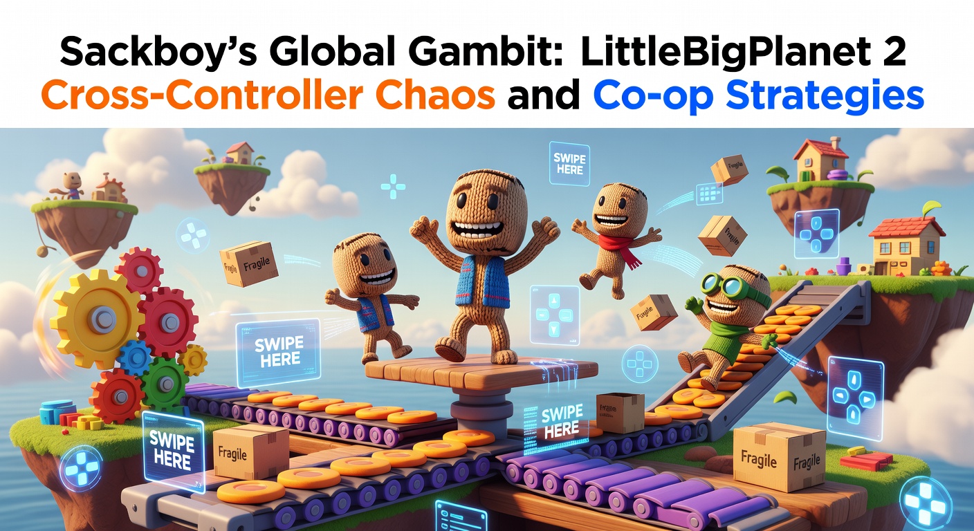 Sackboy and friends navigating a chaotic co-op level with mixed controllers in LittleBigPlanet 2, showcasing global player collaboration