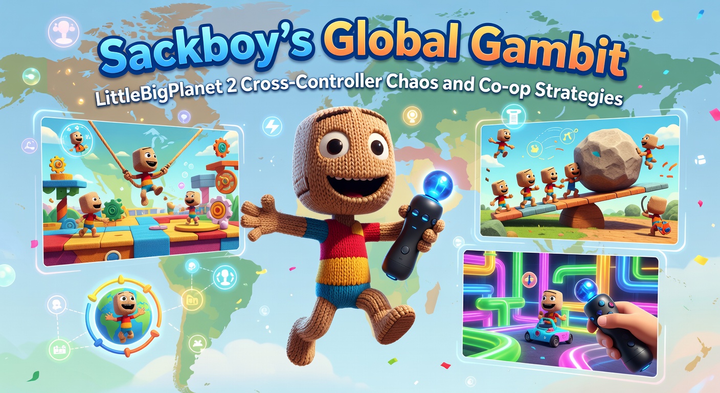 Group of Sackboys in a worldwide co-op challenge, highlighting cross-controller strategies amid explosive level hazards