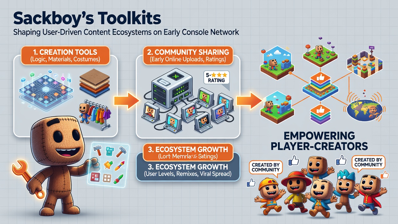 Community level examples built with Sackboy toolkits displayed on vintage console network menus