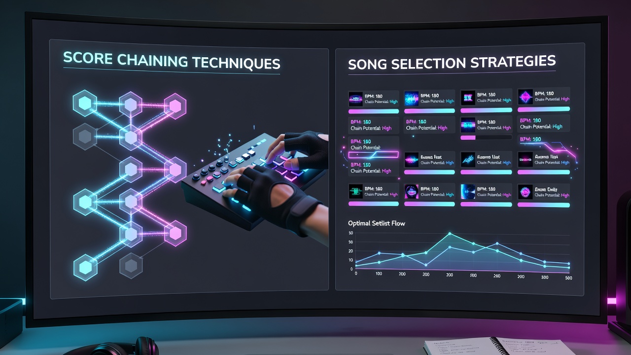 Player selecting songs from a rhythm game menu with difficulty ratings and note preview indicators