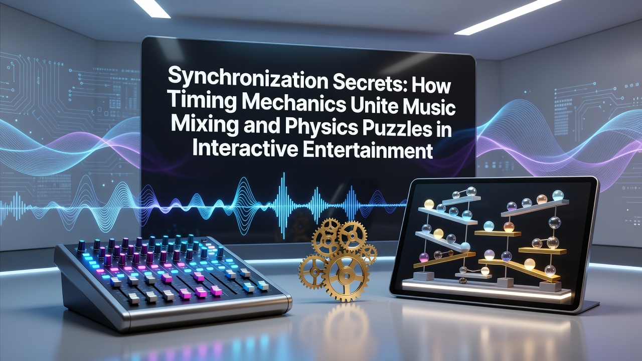 Visual representation of timing mechanics in music mixing and physics puzzles within interactive entertainment environments