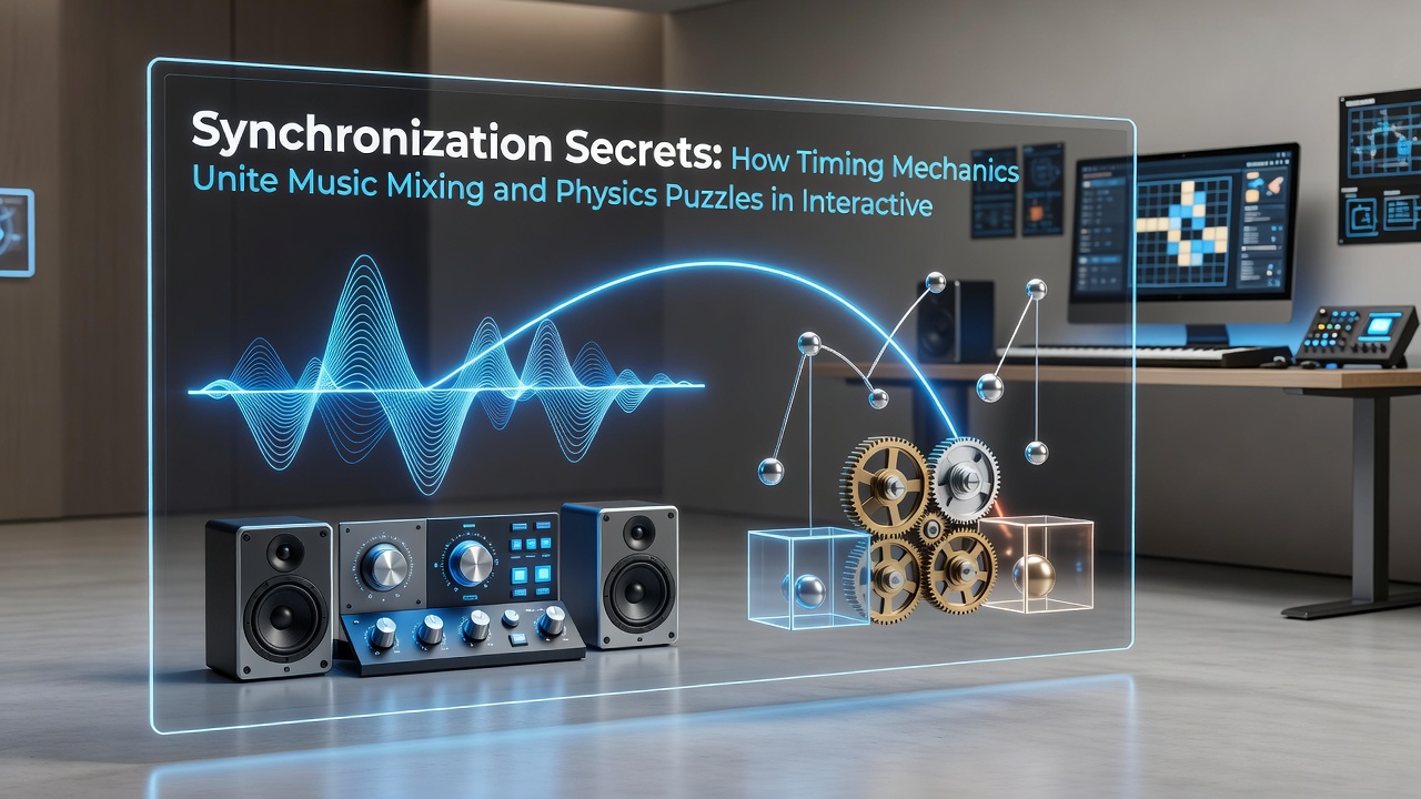 Illustration of synchronized timing systems bridging audio mixing interfaces and physics-based puzzle elements in digital games