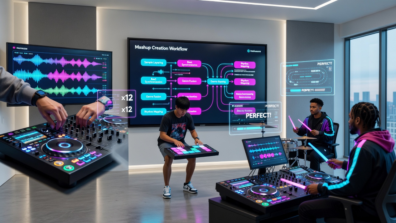 Community event showcasing players creating and testing custom mashups on rhythm game hardware