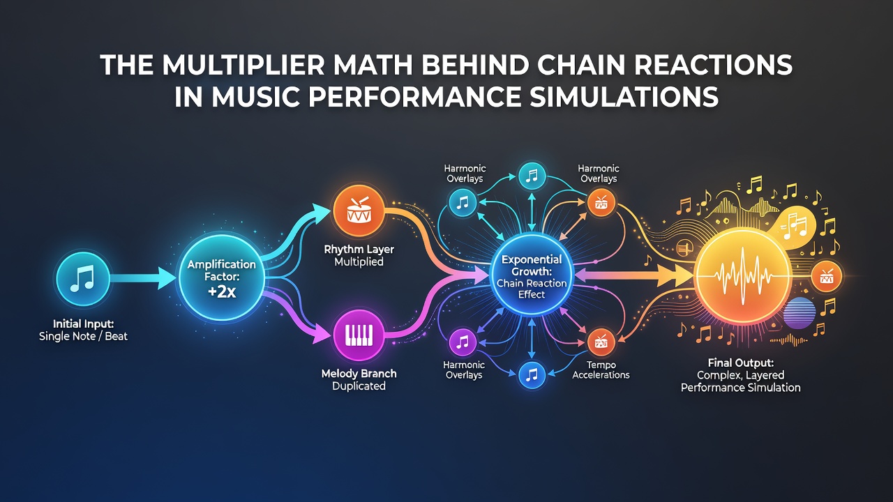 Diagram illustrating multiplier formulas and chain reaction sequences in music performance simulation software