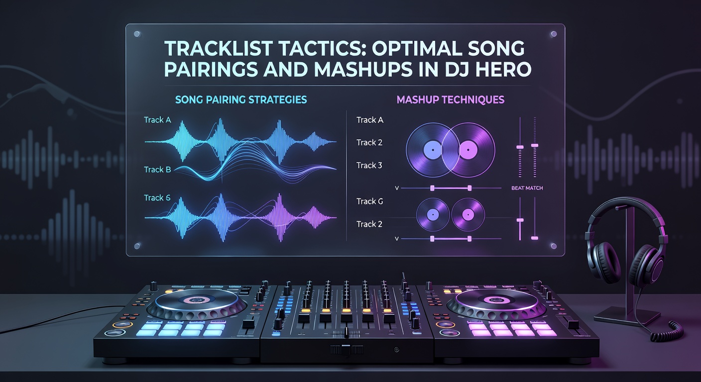 Close-up of DJ Hero screen displaying a custom mashup tracklist with glowing BPM-synced waveforms and rising score counters