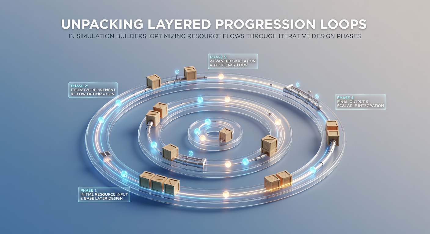 Diagram showing layered progression loops and resource flow pathways in a simulation builder interface
