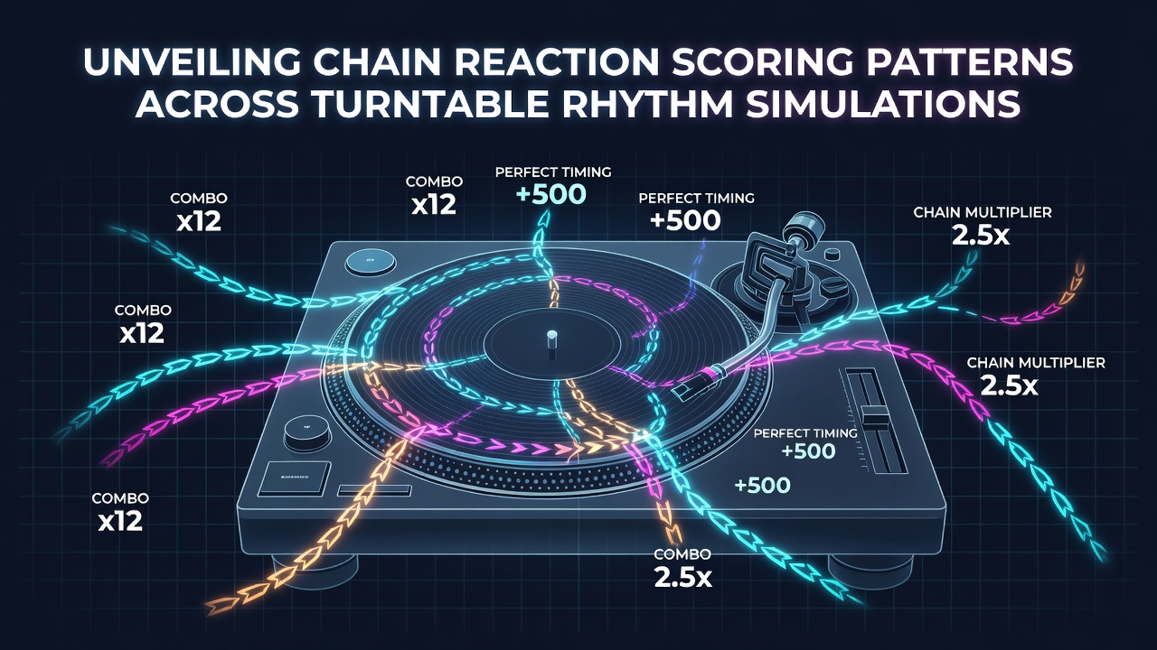 Detailed view of a turntable controller interface highlighting chain reaction score multipliers in a rhythm simulation