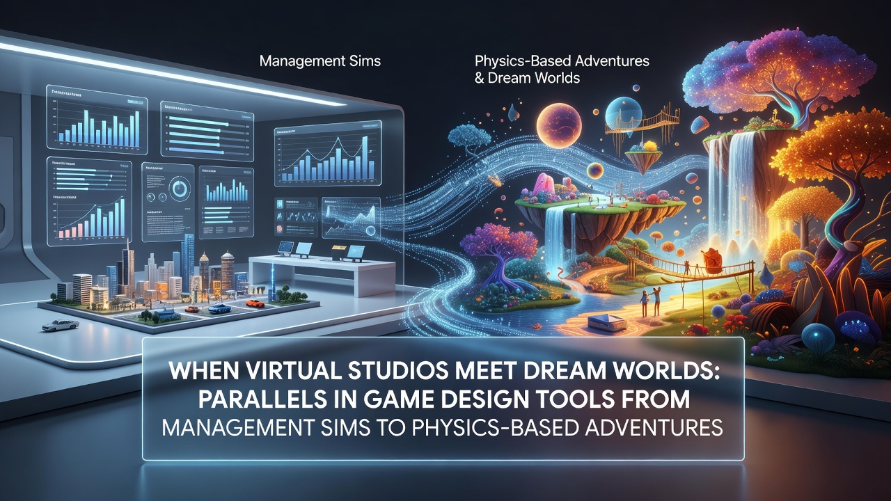 Virtual studio interface showing staff management panels alongside physics object placement tools in a game creation environment